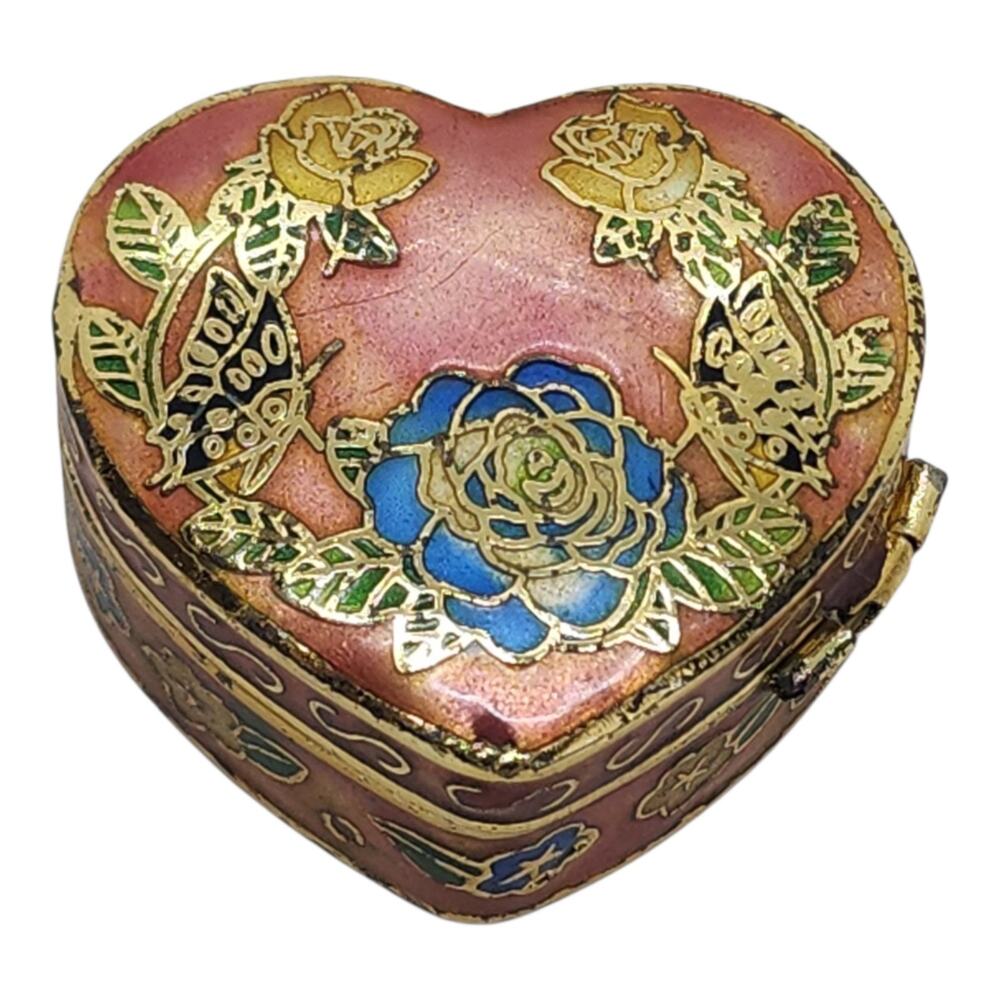 Vintage Cloisonné Enamel Heart Shaped Trinket Pill Gift Box Roses Butterfly